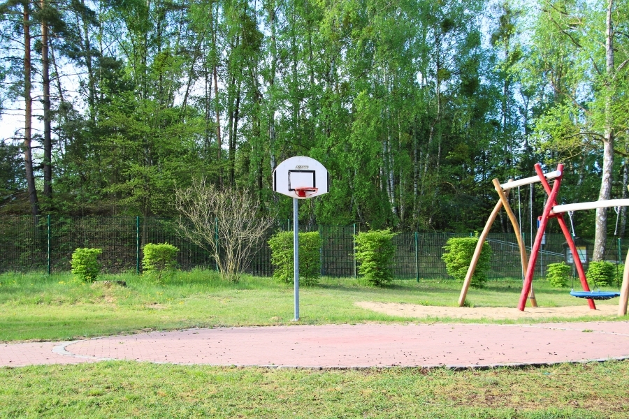 Ein Basketballkorb mit weißem Brett und rotem Ring steht auf einem rot gepflasterten Halbfeld. Im Hintergrund befinden sich ein grüner Gitterzaun und ein dichter Laubwald. Rechts daneben steht ein Schaukelgerüst aus Holz mit einer blauen Nestschaukel auf einer Rasenfläche.